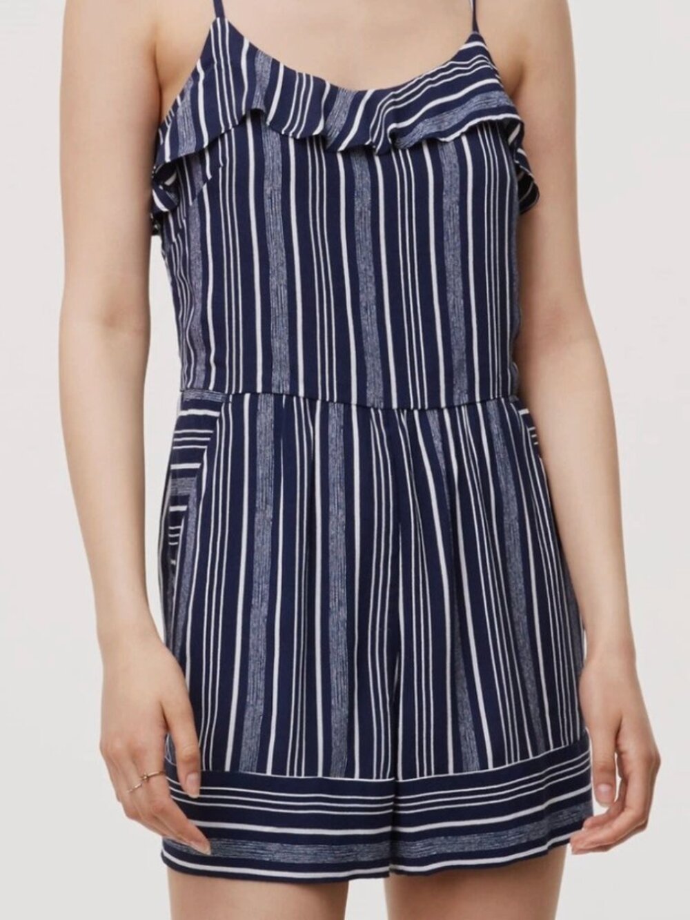 Ann Taylor LOFT Striped Ruffle Romper Size 14 Nautical Navy Color NWT